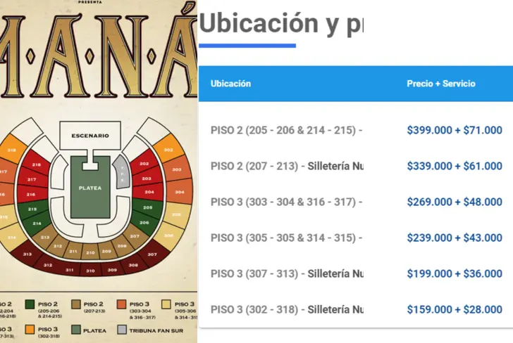 Mapa y precios para Maná en Bogotá 2024. Imagen tomada de TuBoleta