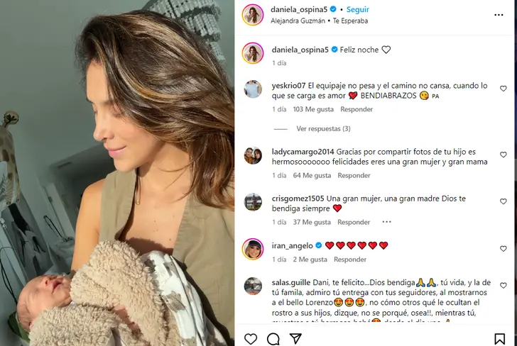Daniela Ospina y su bebé Lorenzo a través de Instagram