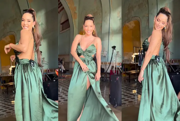 Carmen Villalobos con vestido verde. Imagenes tomadas de Instagram