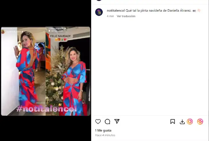 Daniella álvarez y su look en Navidad 2023. Imagen tomada de @notitalencol